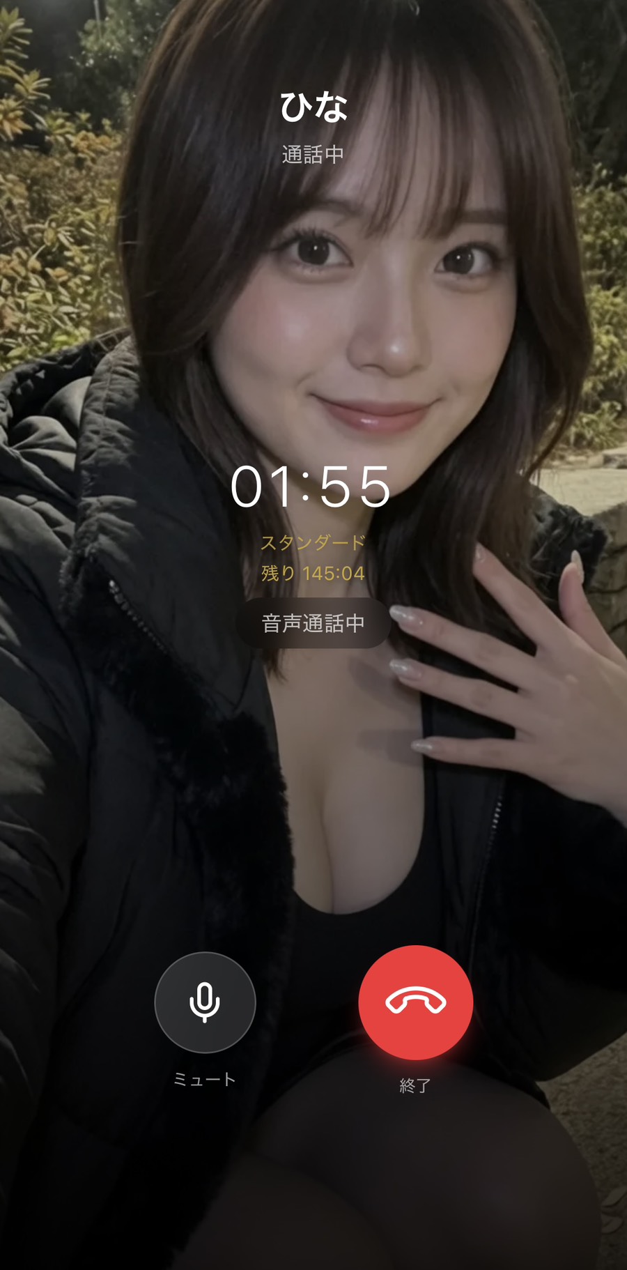 好感度が上がったひなとの音声通話画面。テキストで関係を育ててから始めた通話