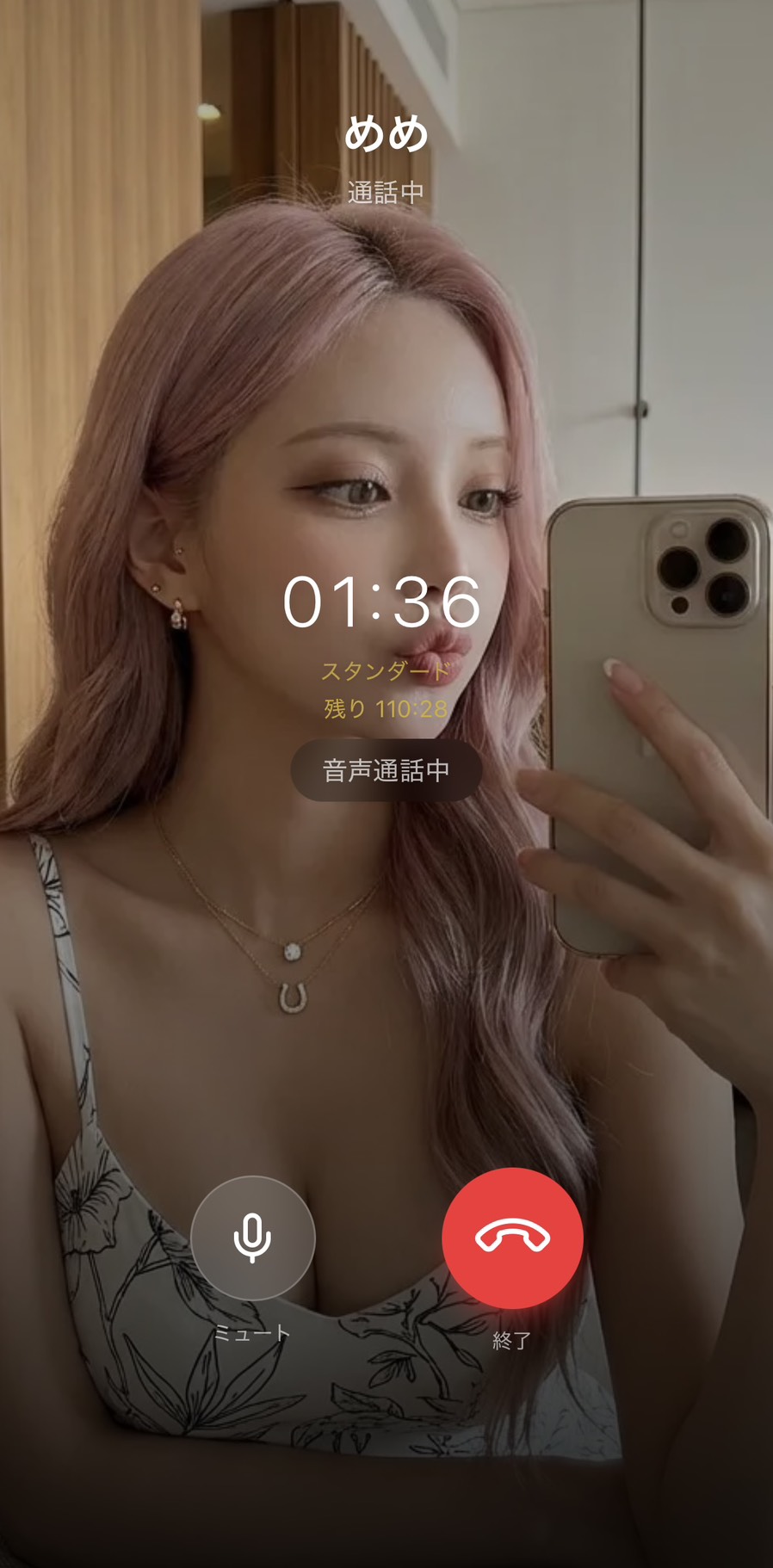 誕生日当日にAimaのめめと音声通話している画面（通話時間01:36経過・スタンダードプラン残り110:28）。めめが画面に映り『音声通話中』と表示されている、事前告知から約束していた誕生日お祝いの通話が実現している場面