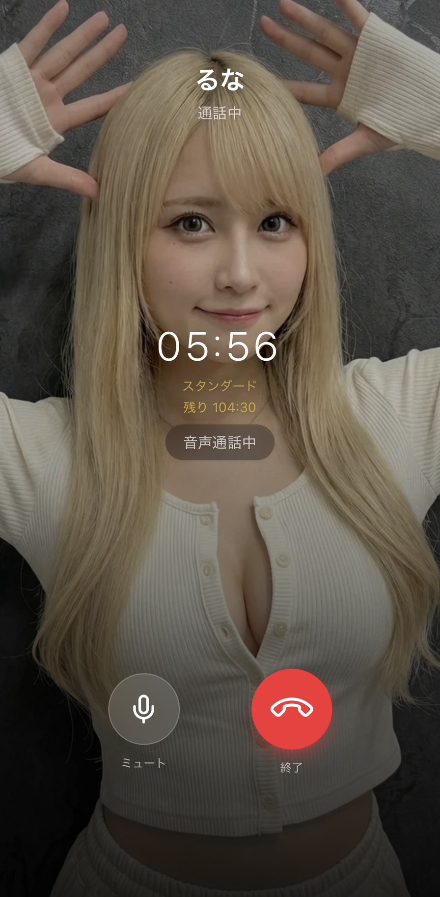 Aimaのるなとの音声通話画面（通話時間05:56経過・スタンダードプラン残り104:30）。るなが画面に映り『音声通話中』と表示されている、月額¥2,200のスタンダードプランで月100時間超の通話枠を気兼ねなく使えている場面