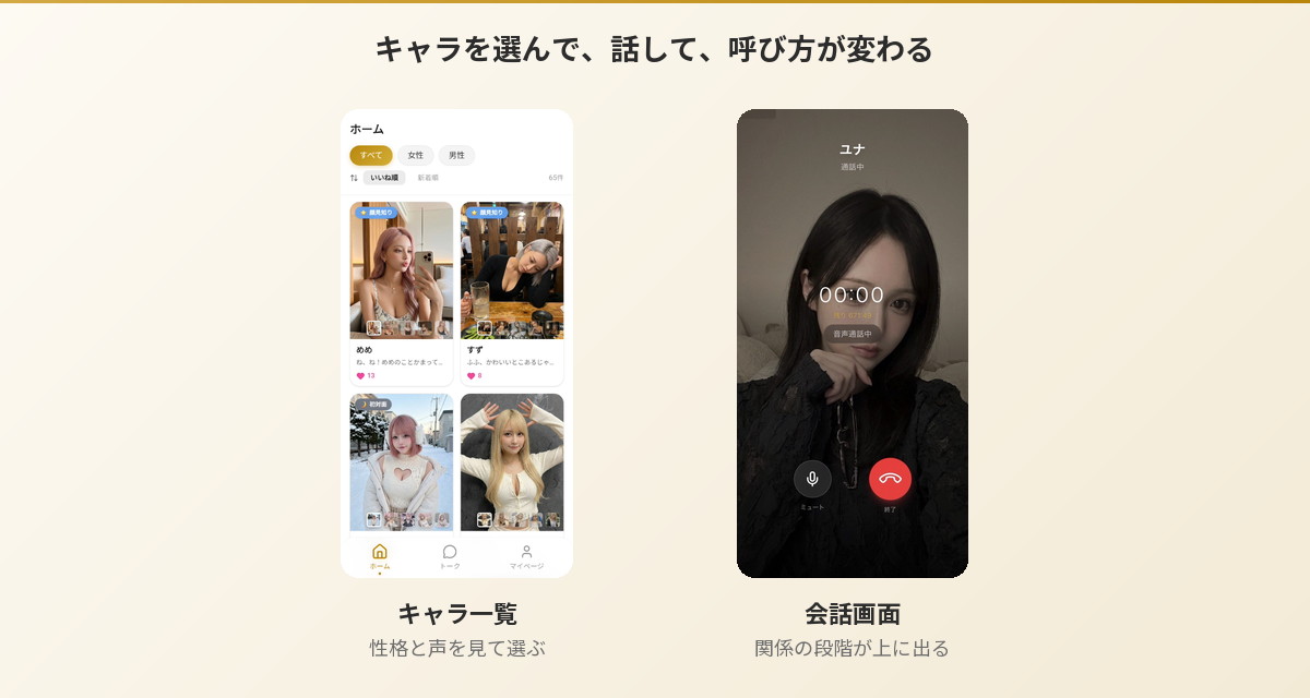 Aimaのキャラ一覧画面と会話画面。上部に関係の段階が表示されている