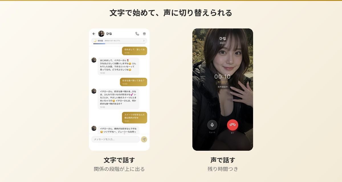 Aimaの文字チャット画面と音声通話画面