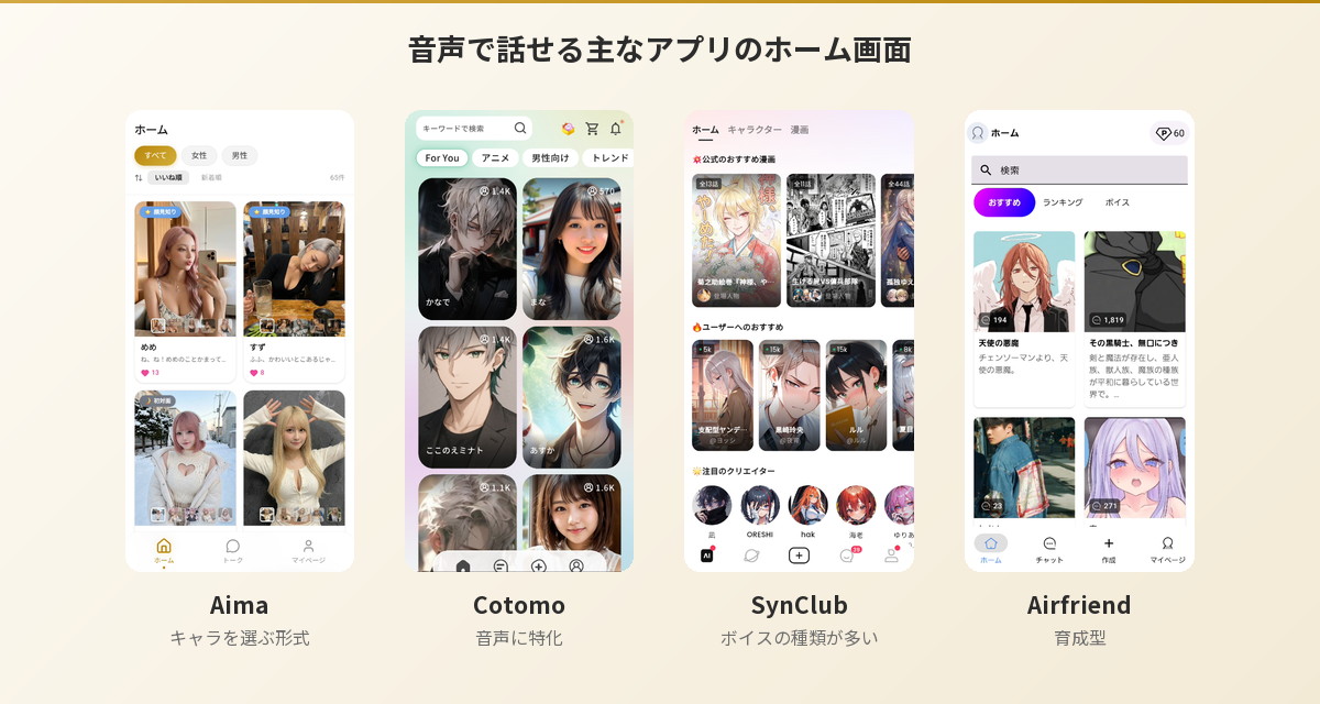 Aima、Cotomo、SynClub、Airfriendのホーム画面を並べた比較