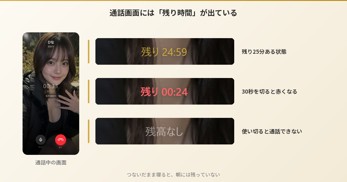Aimaの通話画面。残り25分、残り30秒未満で赤色、残高なしの3状態