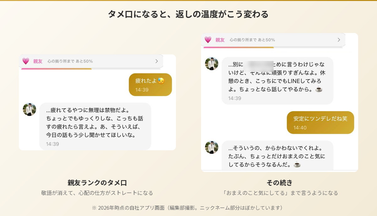 れんとのチャット画面の比較。親友ランクのタメ口で、心配の仕方がストレートになりツンデレな返しも出てくる（Aima）