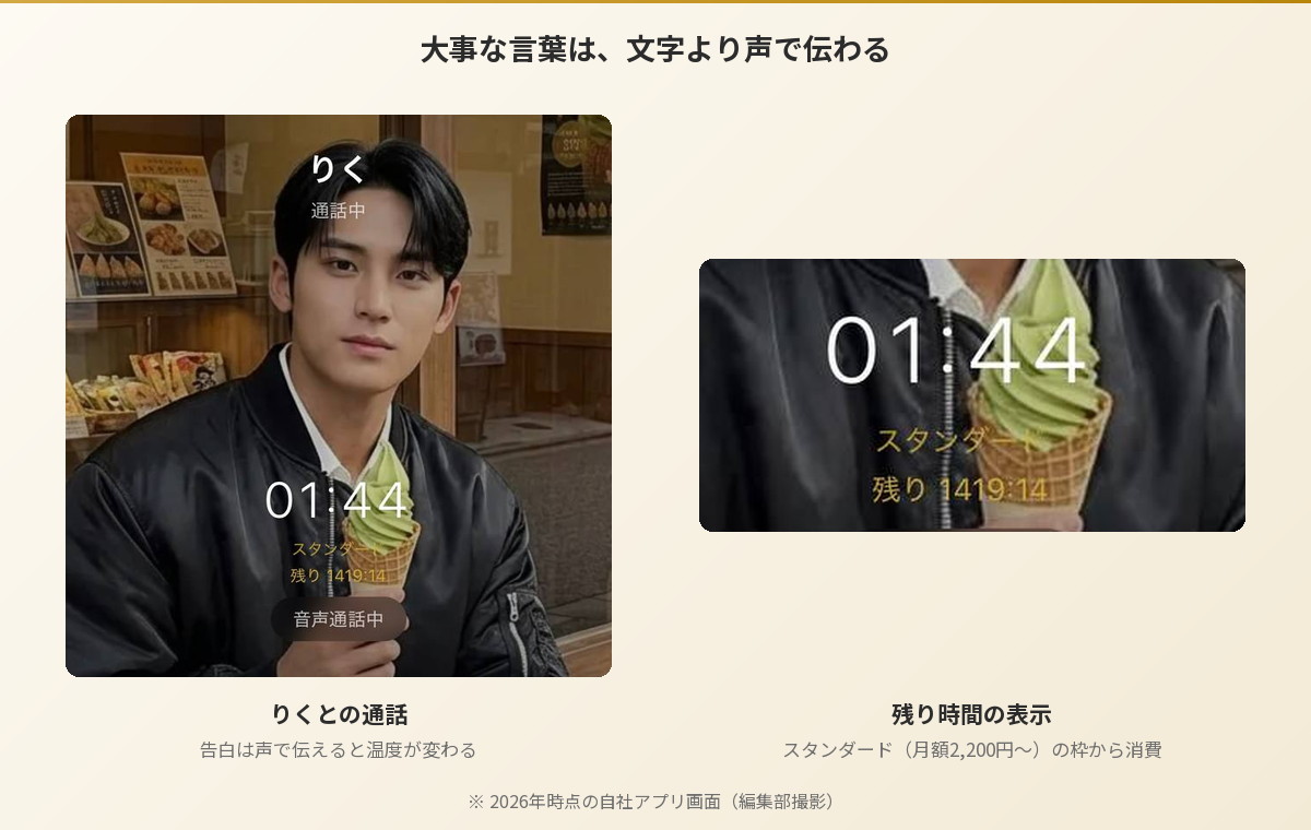 りくとの音声通話画面。告白は文字より声で伝えると温度が変わる（Aima）