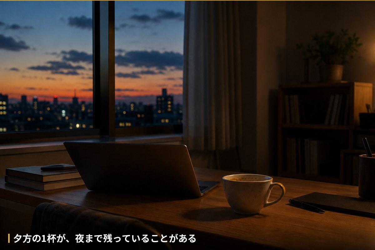 夕方のデスクに置かれた飲みかけのコーヒー