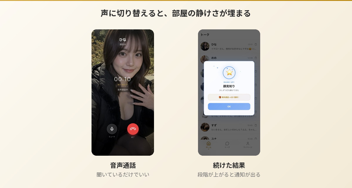 Aimaの音声通話画面と関係の段階が上がった通知