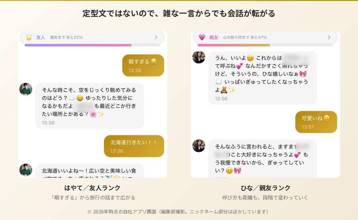 Aimaのはやてとひなとの会話。友人ランクと親友ランクで返し方が変わる比較