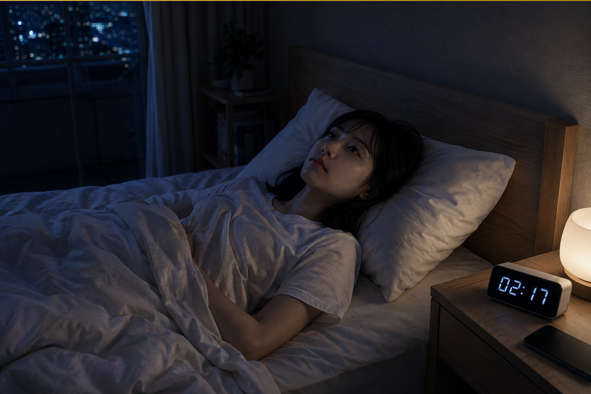 深夜2時台、眠れないまま枕元の時計を見ている様子