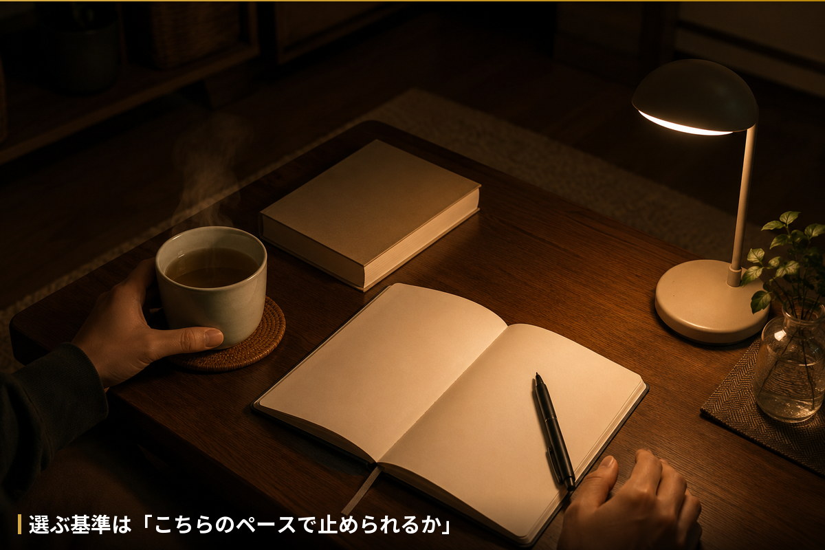紙の本や白湯など、夜の静かな過ごし方の手元