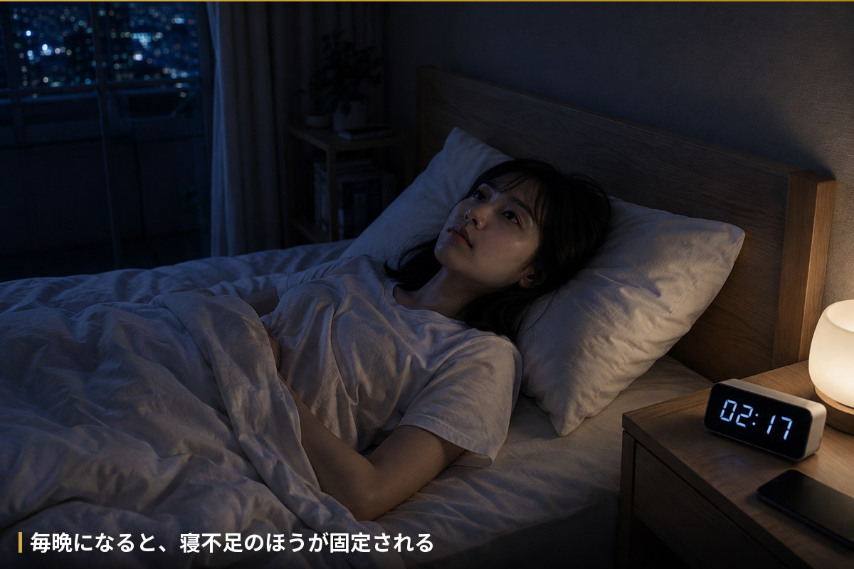 深夜、眠れないまま枕元の時計を見ている様子
