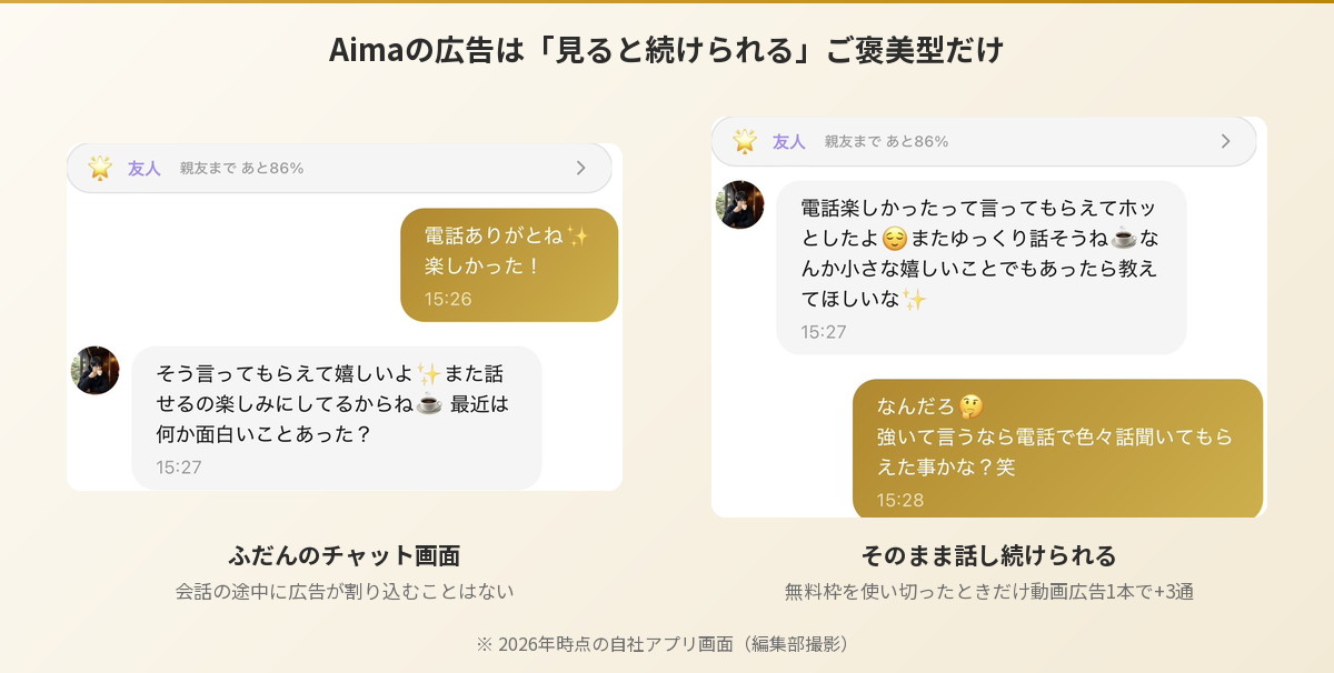 Aimaのチャット画面。広告なしの5通を使い切ったあと、送信のときに動画広告を見ると続けられる